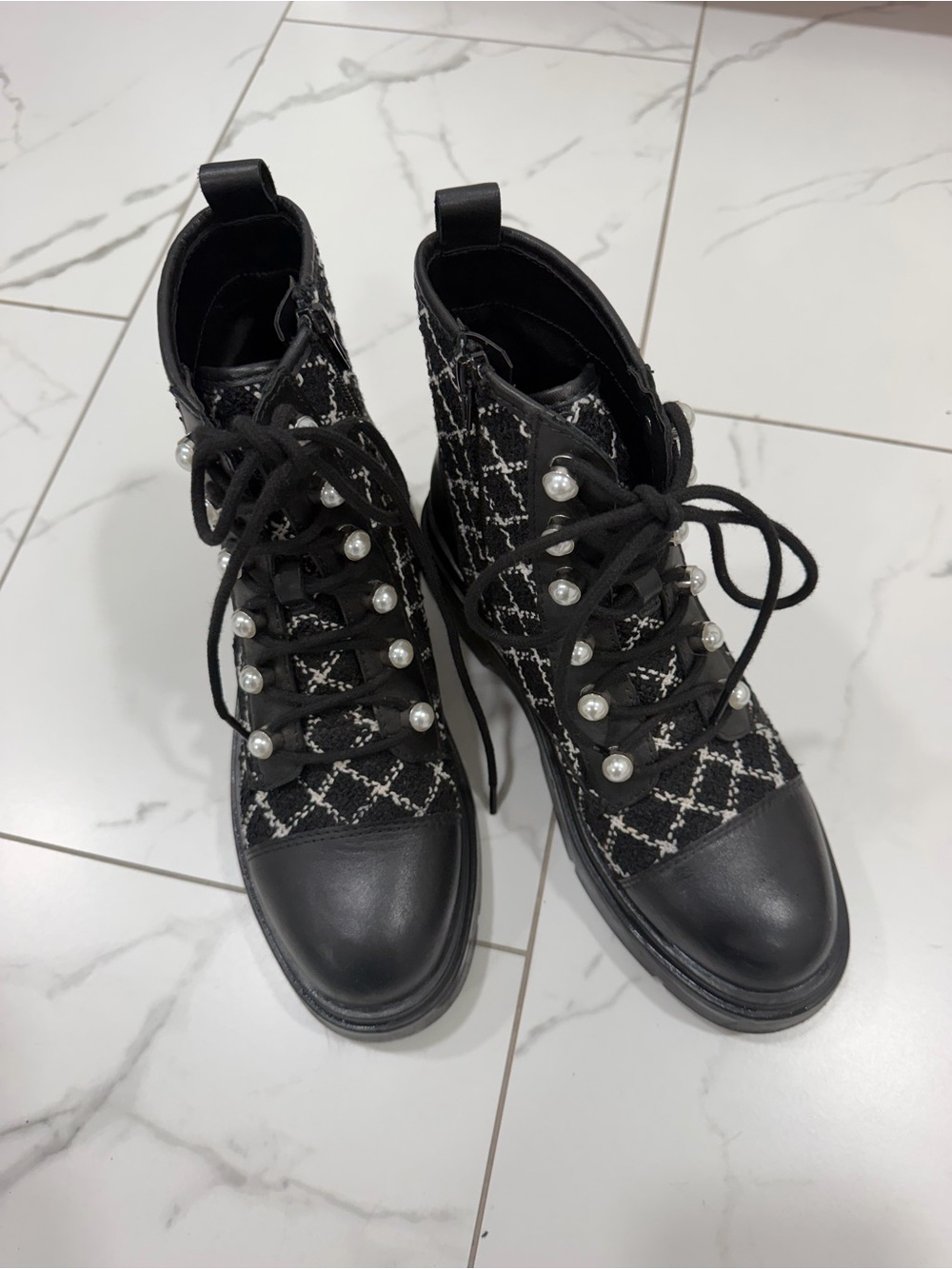 Aldo Black Tweed Pearl-Accent Lace-Up Boots - Women